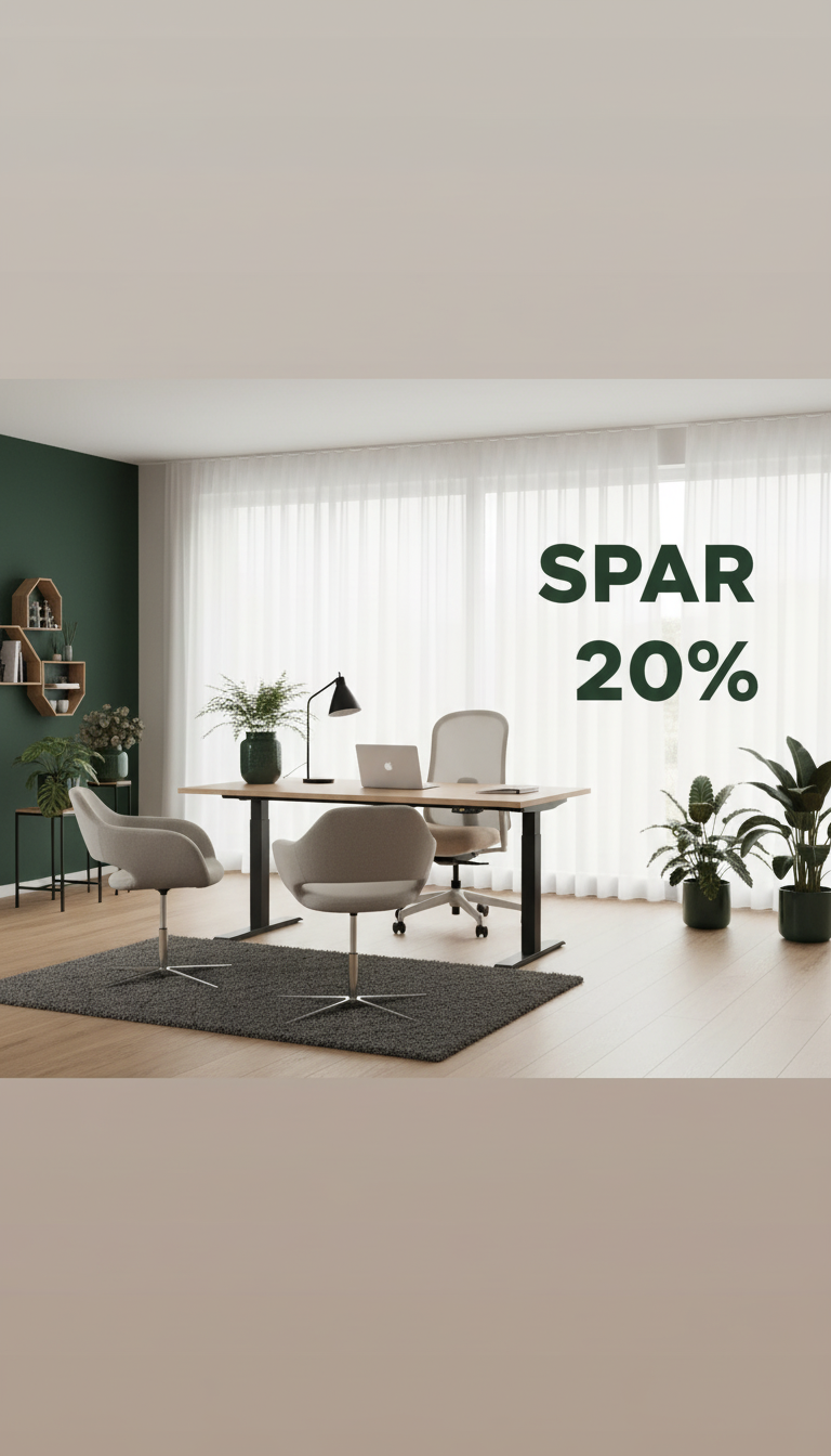 Bred hero banner med Move hæve-sænkebord, Sphere kontorstol og Belo mødestole - SPAR 20%