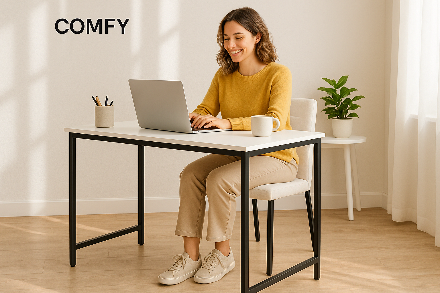 lav et lyst og positivt billede af modellen comfy hvor en glad dame sidder og arbejder ved et single desk sort ramme stel og hvid bordplade 